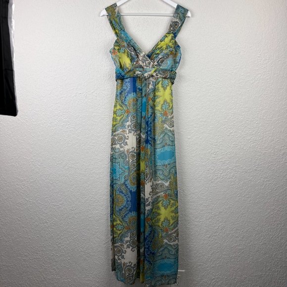 ROULETTE Womens 8 Blue Green Yellow Paisley Sleeveless Accent Tie Back Zip Dress - Picture 2 of 9